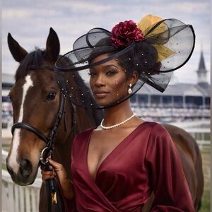 Couture Black Mesh Fascinator — Rhinestone and Deep Burgundy Florals